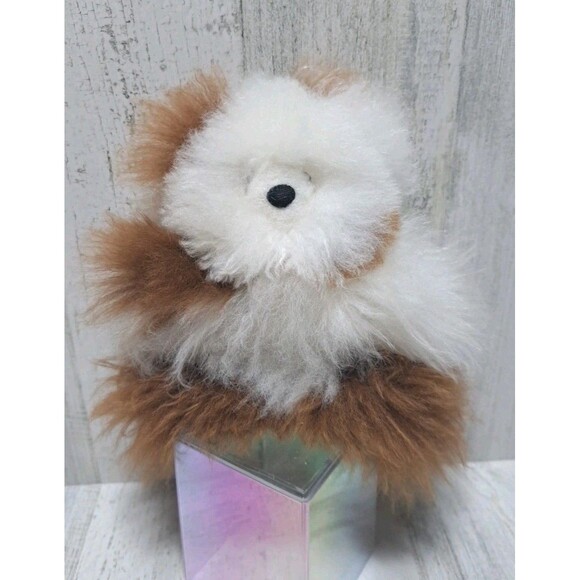 Alpaca Fur Teddy Bear Toy Soft 8” Plush Stuffed Animal Toy Fluffy Brown White - Picture 1 of 10